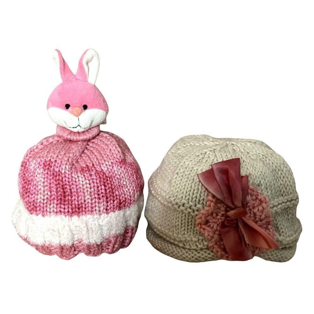 Handknit Craftcore Girls Hats Pink & White Bunny Neutral with Silk Bow Lot of 2